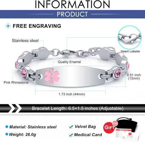 Personalized Medical Alert Bracelets for Women, Free Engraving Stainless Steel Medical ID Bracelets, Customizable Medical Bracelet Inlaid with CZ, Comes with Medical Card in Saudi Arabia