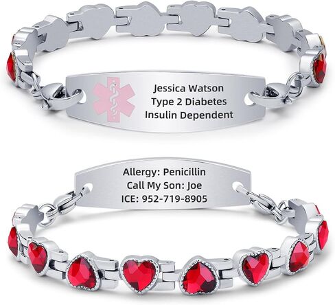 Personalized Medical Alert Bracelets for Women, Free Engraving Stainless Steel Medical ID Bracelets, Customizable Medical Bracelet Inlaid with CZ, Comes with Medical Card in Saudi Arabia