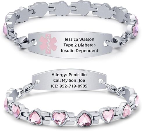 Personalized Medical Alert Bracelets for Women, Free Engraving Stainless Steel Medical ID Bracelets, Customizable Medical Bracelet Inlaid with CZ, Comes with Medical Card in Saudi Arabia