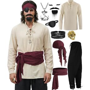 Vanderdyken 9 Pcs Pirate Costume Men Medieval Costume Renaissance Viking Outfit with Shirt Pant Accessories Set for Halloween in Saudi Arabia