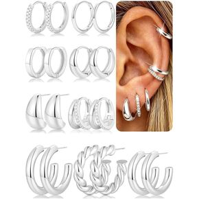 FAXHION 9 Pairs Gold Hoop Earrings for Women, 14K Gold Plated Chunky Hoop Earrings Set, Hypoallergenic Thick Lightweight Earring for Womens Jewelry Gifts in Kuwait