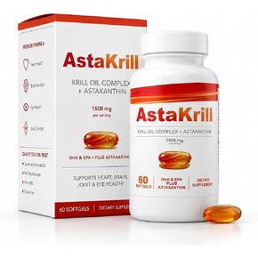 4 in 1 AstaKrill Pure Krill Oil Complex + Astaxanthin 1600mg Supplement for Heart & Joint Health, Omega-3, DHA & EPA, Supports Cognitive Function, Attention & Antioxidant Protection, 60 Softgels in Kuwait