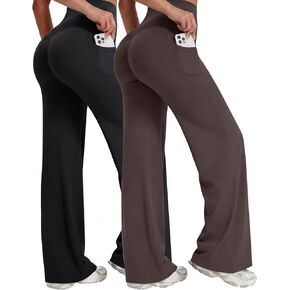 Coume 2 Pack Womens Straight Workout Leggings High Waisted Wide Leg Stretch Gym Yoga Pants Bottoms No Front Seam with Pockets in Kuwait