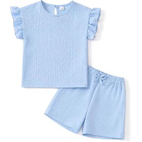 Cakaner Teen Girls 2 Piece Outfit Set Ruffle Sleeve Top and Shorts Summer Casual Matching Clothes Sets Size 7-14 in Saudi Arabia