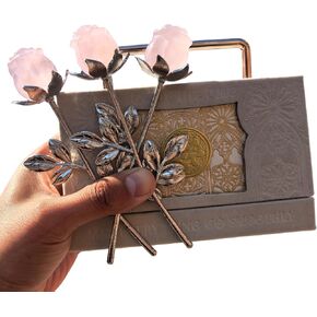 Crystal Rose Gemstone Flower,Crystal Jewelry,Carved Crystal Home Decor,Reiki Heal,Girlfriend Mom Valentines Gift Box (Rose Quartz,3piece Silver Pole) in Saudi Arabia