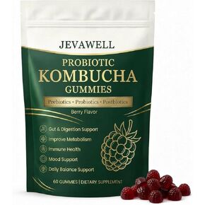 Jevawell Probiotic Kombucha Gummies, with Prebiotics, Probiotics, Postbiotics, Digestive, Gut Health, Bloating Comfort & Microbiome Support, Vegan, Non-GMO, 60 Gummies in Saudi Arabia