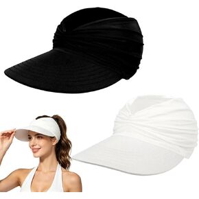 2Pcs Wide Brim Visor Hats for Women, UPF 50+ UV Protection Sun Visor Hat, Lightweight Packable Ponytail Cap for Summer Beach (White+Black) in Saudi Arabia