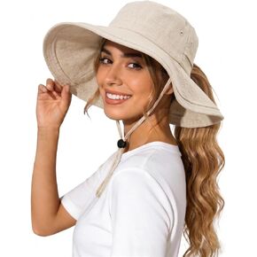 Womens Wide Brim Sun Hat Cotton Linen UPF 50+ Outdoor Travel Beach Hats Ponytail Packable Adjustable Bucket Hat in Saudi Arabia