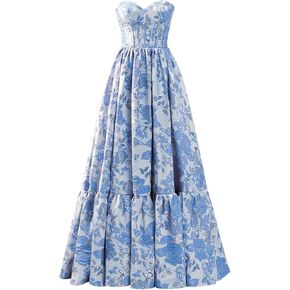 Mollyevers Satin Floral Jacquard Prom Dresses for Women Strapless Corset Long Formal Evening Gowns with Pockets in Saudi Arabia