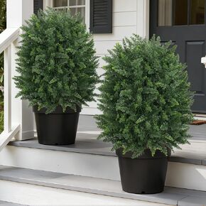 Artificial 26.5 in Cedar Topiary Trees with Ground Spike, 2 Pieces Fake Pine Shrubs Bushes, UV Resistant Faux Evergreen Cypress Tree Plants for Indoor Outdoor in Saudi Arabia