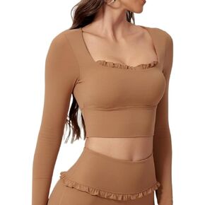 Women's Lace Square Neck Long Sleeve Tight-Fitting Blouse, with Built-in Bra Support Shirt Yoga Running Sport Top in Saudi Arabia