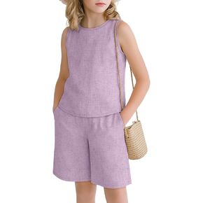 Girls Outfits Summer 2 Piece Linen Sets Sleeveless Tank Tops Elastic Waist Shorts Pockets Teens Kids Clothes 5-14Y in Kuwait