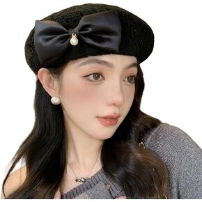 Women's Crochet Lace Beret Hat Vintage Hollow Knit Beanie with Satin Bow & Pearl Breathable French Beret for Spring Summer in Saudi Arabia