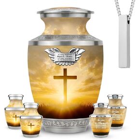 Traditional Cremation Urn for Human Ashes Set of 6 for Adult Male & Female Includes 1 Large Funeral Urn with 4 Mini Keepsakes & 1 Necklaceurn - Sunset Cross Text in Saudi Arabia