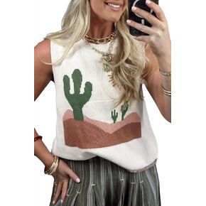 Women's Multicolour Cactus Sweater Vest – Western Sleeveless Round Neck Summer Knit Top for Daily Wear in Saudi Arabia
