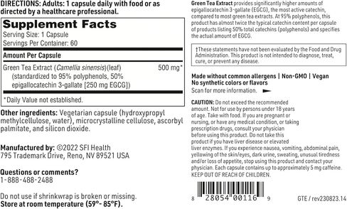 Klaire Labs SFI Health Green Tea Extract - 500 Milligrams Green Tea Leaf Extract, 95% Polyphenol Content 250 Milligrams EGCG (60 Vegetarian Capsules) in Saudi Arabia