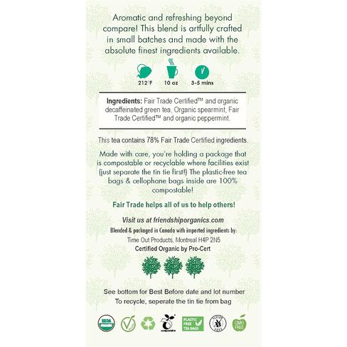 Friendship Organics Decaf Green Mint Tea Bags, Organic and Fair Trade 40 Count (Pack of 1) in Kuwait