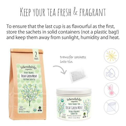 Friendship Organics Decaf Green Mint Tea Bags, Organic and Fair Trade 40 Count (Pack of 1) in Kuwait