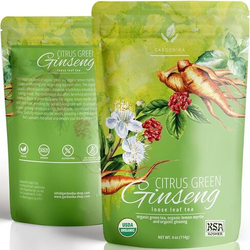 Gardenika Organic Green Loose Leaf Tea with Tulsi, Cloves and Cinnamon – Kosher, No Natural or Artificial Flavors – 4 oz (Ginseng Green) in Kuwait
