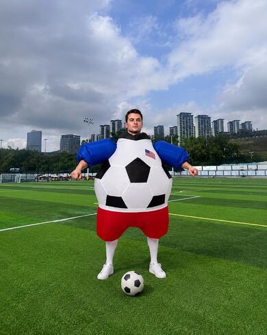 Adult Inflatable Soccer Ball Costume for Men Women, Funny Blow Up Football Costume with Air Blower, Halloween Sports Party Cosplay Suit for Cheerleaders Game Day — Bonus Soccer Socks Included in Saudi Arabia