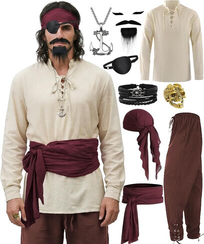 Vanderdyken 9 Pcs Pirate Costume Men Medieval Costume Renaissance Viking Outfit with Shirt Pant Accessories Set for Halloween in Saudi Arabia