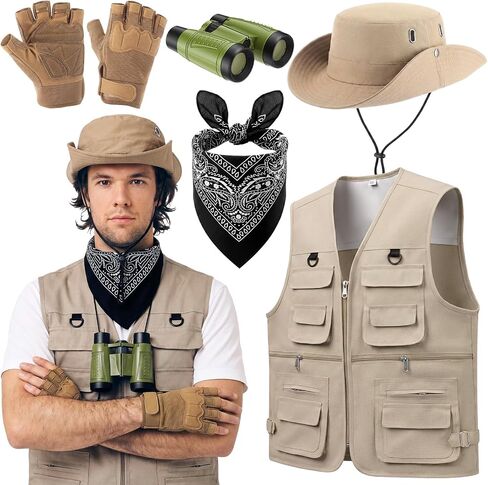 Unittype 5 Pcs Safari Costume for Men Explorer Outfit Include Khaki Multi Pockets Vest, Sun Bucket Hat, Black Neck Scarf, Binoculars, Half Finger Gloves for Outdoor Fishing Hunting Travel Cosplay in Kuwait