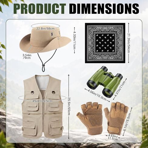 Unittype 5 Pcs Safari Costume for Men Explorer Outfit Include Khaki Multi Pockets Vest, Sun Bucket Hat, Black Neck Scarf, Binoculars, Half Finger Gloves for Outdoor Fishing Hunting Travel Cosplay in Kuwait