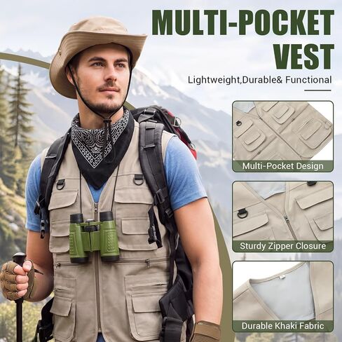 Unittype 5 Pcs Safari Costume for Men Explorer Outfit Include Khaki Multi Pockets Vest, Sun Bucket Hat, Black Neck Scarf, Binoculars, Half Finger Gloves for Outdoor Fishing Hunting Travel Cosplay in Kuwait