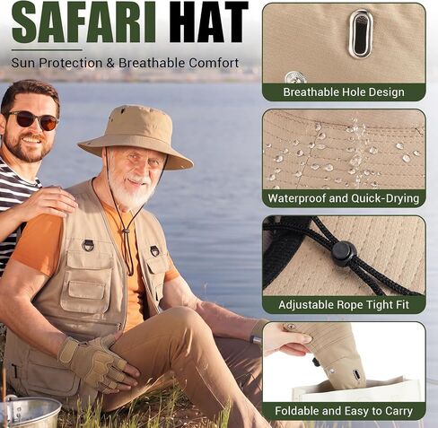 Unittype 5 Pcs Safari Costume for Men Explorer Outfit Include Khaki Multi Pockets Vest, Sun Bucket Hat, Black Neck Scarf, Binoculars, Half Finger Gloves for Outdoor Fishing Hunting Travel Cosplay in Kuwait