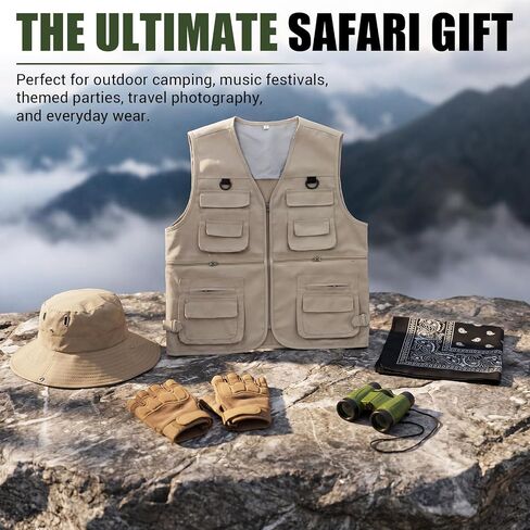 Unittype 5 Pcs Safari Costume for Men Explorer Outfit Include Khaki Multi Pockets Vest, Sun Bucket Hat, Black Neck Scarf, Binoculars, Half Finger Gloves for Outdoor Fishing Hunting Travel Cosplay in Kuwait
