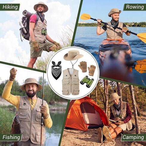 Unittype 5 Pcs Safari Costume for Men Explorer Outfit Include Khaki Multi Pockets Vest, Sun Bucket Hat, Black Neck Scarf, Binoculars, Half Finger Gloves for Outdoor Fishing Hunting Travel Cosplay in Kuwait