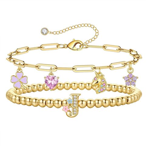 MONOOC Unicorn Gifts for Girls Kids - Unicorn Initial Bracelet for Girls Kids 14K-Gold-Plated Layered Beaded Flower Initial Bracelets Clover Unicorns Charm Bracelets Birthday Gifts for Girl Daughter in Saudi Arabia