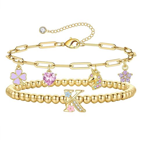 MONOOC Unicorn Gifts for Girls Kids - Unicorn Initial Bracelet for Girls Kids 14K-Gold-Plated Layered Beaded Flower Initial Bracelets Clover Unicorns Charm Bracelets Birthday Gifts for Girl Daughter in Saudi Arabia