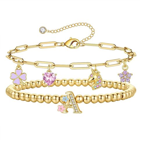 MONOOC Unicorn Gifts for Girls Kids - Unicorn Initial Bracelet for Girls Kids 14K-Gold-Plated Layered Beaded Flower Initial Bracelets Clover Unicorns Charm Bracelets Birthday Gifts for Girl Daughter in Saudi Arabia