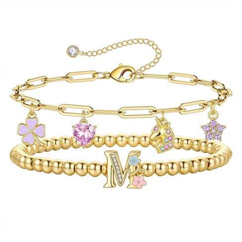 MONOOC Unicorn Gifts for Girls Kids - Unicorn Initial Bracelet for Girls Kids 14K-Gold-Plated Layered Beaded Flower Initial Bracelets Clover Unicorns Charm Bracelets Birthday Gifts for Girl Daughter in Saudi Arabia