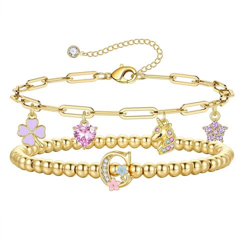 MONOOC Unicorn Gifts for Girls Kids - Unicorn Initial Bracelet for Girls Kids 14K-Gold-Plated Layered Beaded Flower Initial Bracelets Clover Unicorns Charm Bracelets Birthday Gifts for Girl Daughter in Saudi Arabia