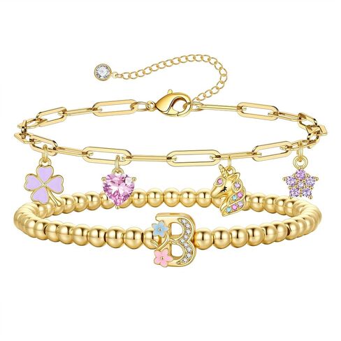 MONOOC Unicorn Gifts for Girls Kids - Unicorn Initial Bracelet for Girls Kids 14K-Gold-Plated Layered Beaded Flower Initial Bracelets Clover Unicorns Charm Bracelets Birthday Gifts for Girl Daughter in Saudi Arabia