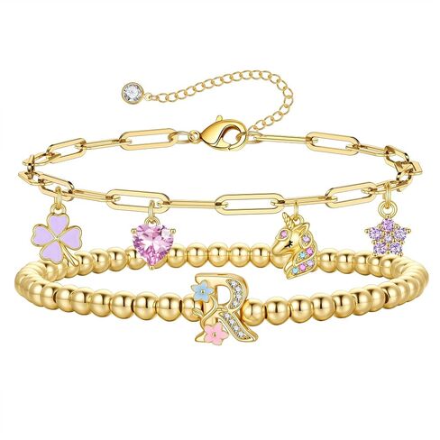 MONOOC Unicorn Gifts for Girls Kids - Unicorn Initial Bracelet for Girls Kids 14K-Gold-Plated Layered Beaded Flower Initial Bracelets Clover Unicorns Charm Bracelets Birthday Gifts for Girl Daughter in Saudi Arabia