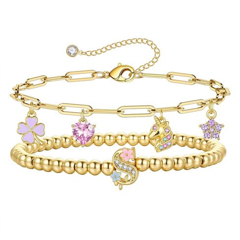 MONOOC Unicorn Gifts for Girls Kids - Unicorn Initial Bracelet for Girls Kids 14K-Gold-Plated Layered Beaded Flower Initial Bracelets Clover Unicorns Charm Bracelets Birthday Gifts for Girl Daughter in Saudi Arabia
