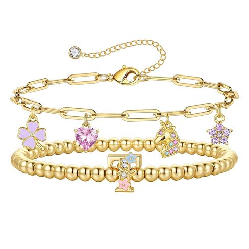 MONOOC Unicorn Gifts for Girls Kids - Unicorn Initial Bracelet for Girls Kids 14K-Gold-Plated Layered Beaded Flower Initial Bracelets Clover Unicorns Charm Bracelets Birthday Gifts for Girl Daughter in Saudi Arabia