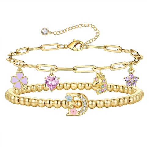 MONOOC Unicorn Gifts for Girls Kids - Unicorn Initial Bracelet for Girls Kids 14K-Gold-Plated Layered Beaded Flower Initial Bracelets Clover Unicorns Charm Bracelets Birthday Gifts for Girl Daughter in Saudi Arabia