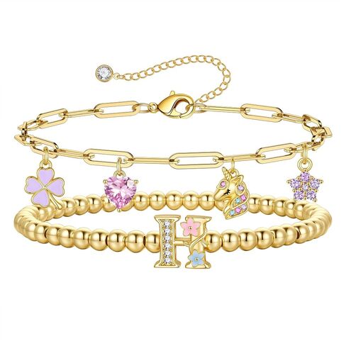 MONOOC Unicorn Gifts for Girls Kids - Unicorn Initial Bracelet for Girls Kids 14K-Gold-Plated Layered Beaded Flower Initial Bracelets Clover Unicorns Charm Bracelets Birthday Gifts for Girl Daughter in Saudi Arabia