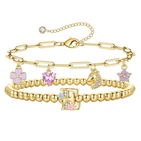 MONOOC Unicorn Gifts for Girls Kids - Unicorn Initial Bracelet for Girls Kids 14K-Gold-Plated Layered Beaded Flower Initial Bracelets Clover Unicorns Charm Bracelets Birthday Gifts for Girl Daughter in Saudi Arabia
