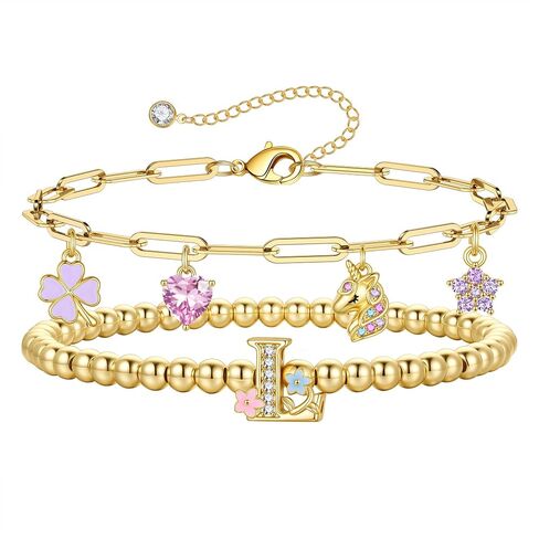 MONOOC Unicorn Gifts for Girls Kids - Unicorn Initial Bracelet for Girls Kids 14K-Gold-Plated Layered Beaded Flower Initial Bracelets Clover Unicorns Charm Bracelets Birthday Gifts for Girl Daughter in Saudi Arabia