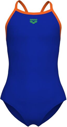 ARENA Feel Girls' Junior Solid Light Drop Back Swimsuit Thin Straps Chlorine Resistant Quick Drying Comfortable One Piece Bathing Suit, Neon Blue/Team Orange, US Size 14-16 Jr/30 in Kuwait