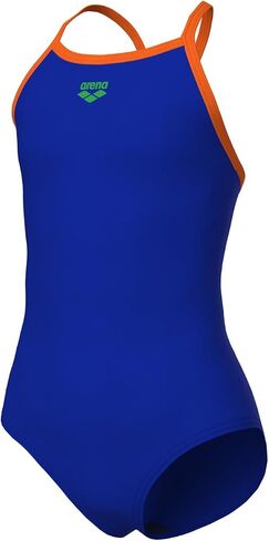 ARENA Feel Girls' Junior Solid Light Drop Back Swimsuit Thin Straps Chlorine Resistant Quick Drying Comfortable One Piece Bathing Suit, Neon Blue/Team Orange, US Size 14-16 Jr/30 in Kuwait