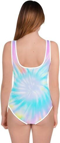 Rainbow Tie Dye Girls Swimsuits (8-20), Pastel Blue Pink Swirl Cute Kids Jr Junior Tween Teen One Piece Bathing Suit in Saudi Arabia