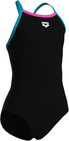 ARENA Feel Girls' Junior Solid Light Drop Back Swimsuit Thin Straps Chlorine Resistant Quick Drying Comfortable One Piece Bathing Suit, Black/Eyeblush Blue/Shocking Pink, US Size 10-12 Jr/28 in Kuwait
