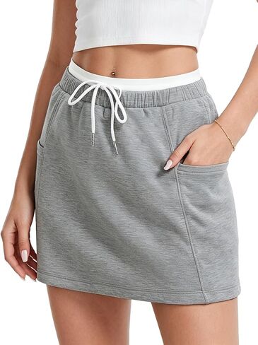 HERBATOMIA Women's High Waisted Drawstring Sweat Skirt A-Line Stretchy Mini Skirt with Pockets for Women in Saudi Arabia