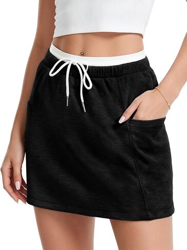 HERBATOMIA Women's High Waisted Drawstring Sweat Skirt A-Line Stretchy Mini Skirt with Pockets for Women in Saudi Arabia